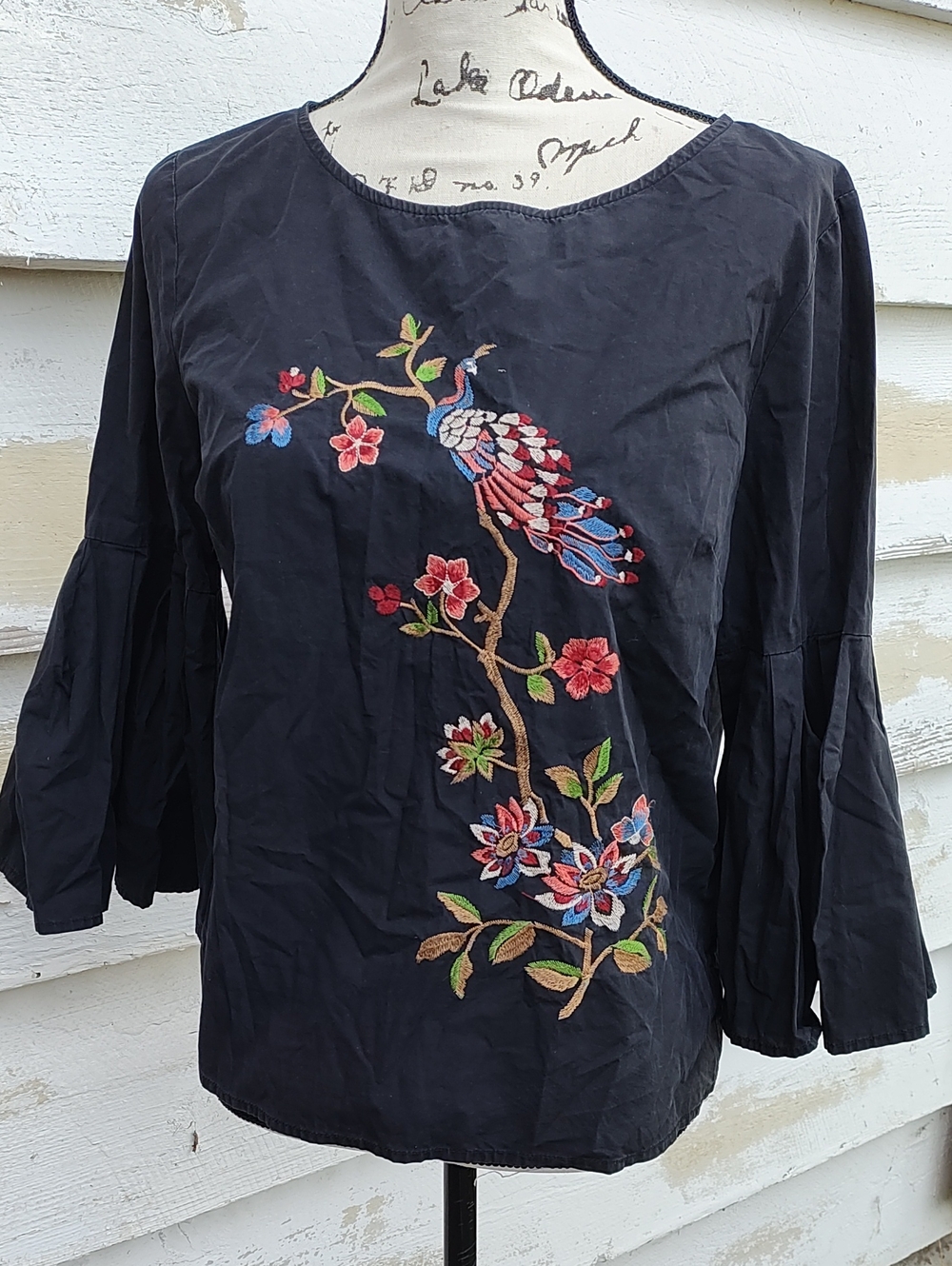 Jealous Tomato Black Embroidered Peacock Bell-Sleeve Peasant Tunic